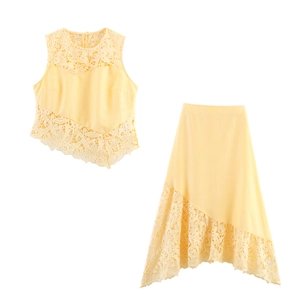 Women Sleeveless Top And Maxi Skirt Lace Patchwork Hollow Out Sweet Elegant Summer Outfits