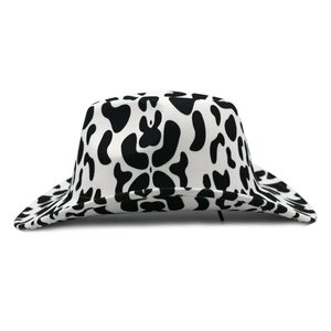 Classic cow print western cowboy hat with wide brim and thick fabric on white background