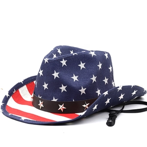 Western Cowboyhut US Flagge Sterne Streifen Strohhut Sonnenschutz Patriotischer Jazz Fedora Mit Lederband Nieten