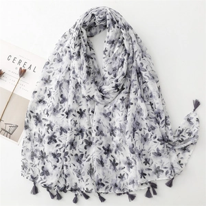 Women Shawl Scarf Polyester Bali Yarn Ink Floral Print Tassel Fringe Sun Protection Lightweight Ethnic Vintage Style