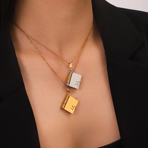 Book Pendant Necklace Stainless Steel Heart Cutout Openable Locket Two Tone Gold Silver Minimalist For Women