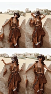 Western style brown vest and lace skirt ensemble with bohemian fringes in a desert setting