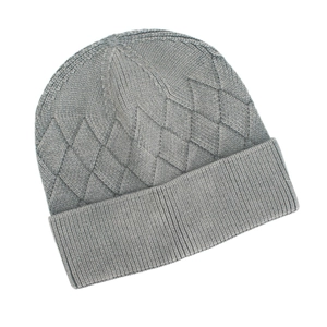 Close-up of thick grey core-spun yarn knit hat showing diamond weave and ribbed cuff