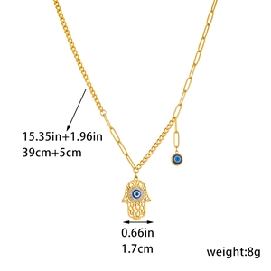 Gold Hamsa Hand and Evil Eye pendant necklace made of durable titanium steel for women