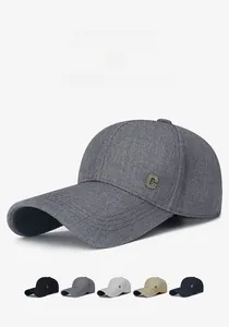 Detailed view of grey baseball cap with metal C logo and five color options layout
