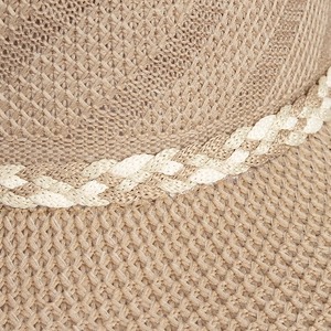 Detail of cross-woven texture and braided strap on khaki wide-brim straw hat
