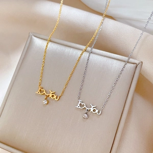 Titanium steel necklaces in gold and silver with zircon hearts and letters I LOVE YOU