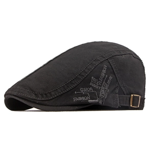 Classic black cotton beret with side letter embroidery and adjustable metal buckle