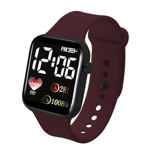 Detail view of square digital watch showing LED heart rate and fitness tracker UI