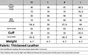Size chart for women's slim fit faux leather blazer showing XS to L measurements