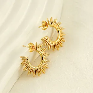 Sunburst Stud Earrings 18K Gold Plated Stainless Steel Geometric Sun Flower Minimalist Jewelry For Women