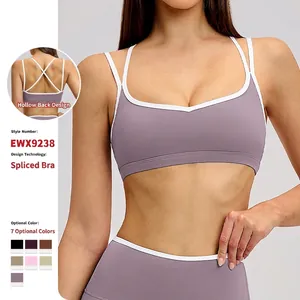 Women Contrast Color Nylon Spandex Sports Bra Quick Dry Cross Back Slim Fit Fitness Yoga Gym Workout Sleeveless V-neck Top