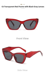Detail view of transparent red cat-eye sunglasses with dark grey lenses and wide frames