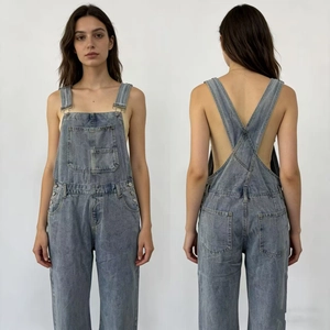 Front and back view of denim overalls with crisscross straps and metal buckles