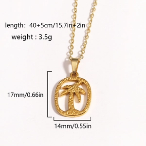 Detailed size specifications for gold palm tree pendant necklace including chain length