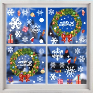Christmas Window Stickers Static Cling PVC Reusable Wreath Snowflake Decals For Glass Door Home Party Decor