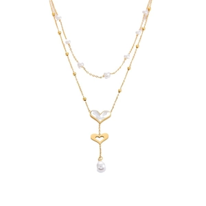 Collier double rang plaqué or 18k avec pendentifs en nacre blanche en forme de cœur