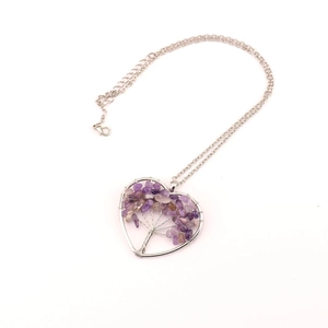 Handmade heart tree of life pendant with purple amethyst crystals and silver chain