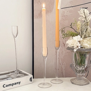 Elegant clear glass long stem candle holders for romantic wedding tabletop decoration