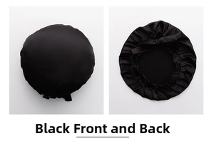 Front and back view of black satin sleep cap with elastic band and decorative bow detail