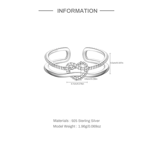 Detail view of 925 sterling silver layered ring with woven heart and polished band