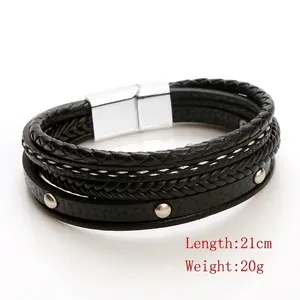 Handcrafted multi-layer black braided leather bracelet with a magnetic steel clasp