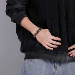 Men's vintage black stainless steel square nail chain bracelet set on wrist