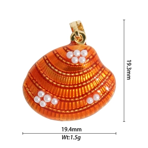 18K gold-plated shell pendant with bright orange enamel and white pearls for DIY jewelry