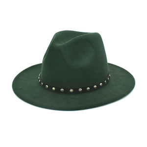 Close-up of dark green fedora hat featuring a black leather band with silver metal rivets