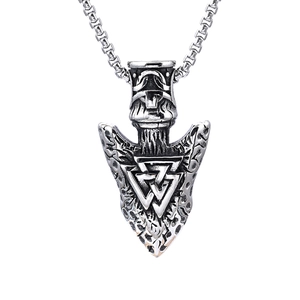 Vintage silver Viking Valknut arrow pendant necklace with Norse runes on white background