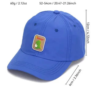 Kids blue baseball cap featuring a cute cartoon dinosaur patch and sun protection visor