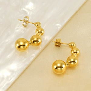 Elegant 18k gold plated titanium steel pea shaped earrings with C-curve bead design
