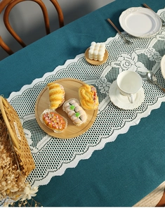 Close-up of white lace table runner on a dark teal tablecloth for Christmas decor
