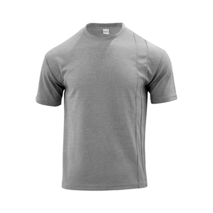 Detailed view of grey polyester short sleeve t-shirt fabric and collar size label