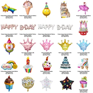 Selection of 18-inch colorful birthday foil balloons in various festive shapes and patterns