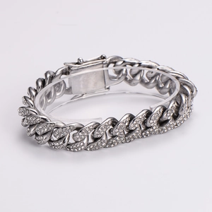 Polished silver cuban link bracelet with sparkling rhinestones and industrial clasp