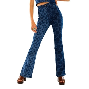 Jean évasé à taille haute pour femme avec imprimé floral et damier bleu foncé vintage