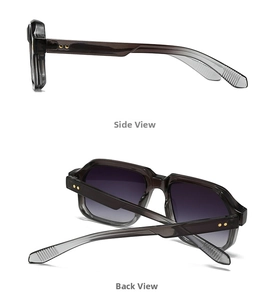 Detailed side and back view of retro sunglasses with translucent grey frame and purple lenses