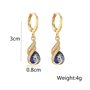 Detailed view of peacock earrings with 3cm length, 0.8cm width, and 4g weight metrics