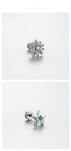 Detail of silver floral and star studs with colorful beads and screw back posts