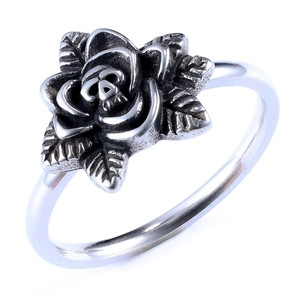 Vintage stainless steel gothic ring with 3D rose flower and skull detail for men and women