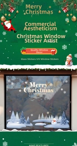 Detail of UV printed white Christmas stickers featuring snowmen and trees on window glass