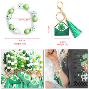 Detailed size and weight specs for St. Patrick's clover beaded bracelet and keychain set
