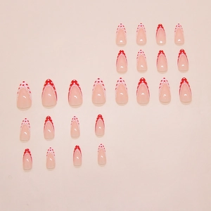 24pcs French almond press on nails with red polka dots and white lace details