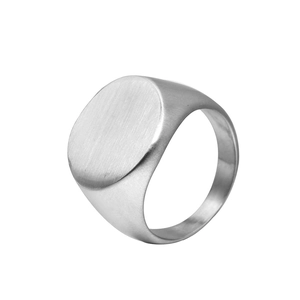 Sleek brushed stainless steel signet ring for men featuring a flat circular top design