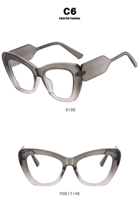 Detailed side and front view of cat-eye frames with grey and pink gradient colors
