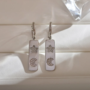Ins style silver stainless steel rectangular hoop earrings with zircon star and moon patterns