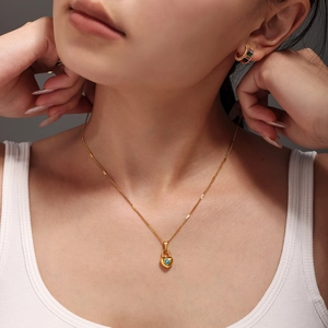 18K gold plated heart lock pendant necklace with blue turquoise and matching hoop earrings