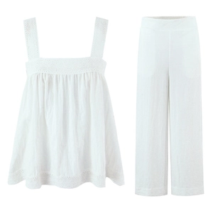 Donna Canotta Senza Maniche Scollo Quadrato Pizzo Ricamo E Pantaloni Larghi Misto Viscosa Cotone Stile Boho