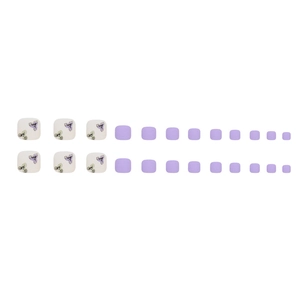 Matte lilac and floral toe press-on nails set with violet pansy hand-painted designs